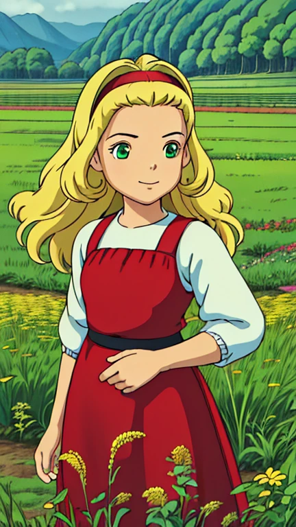 (1girl, muffy), (extremely detailed CG unit 8k wallpaper),(master part), (best quality), (ultra detail), (best illustration),(ghibli style), cowboy shot, (Sharp eyeliner, ombre, detailed eyes:1), farm, field, grass, plants, digital art, break , upper body, long hair, blonde hair, red dress, green eyes, hairband, smile