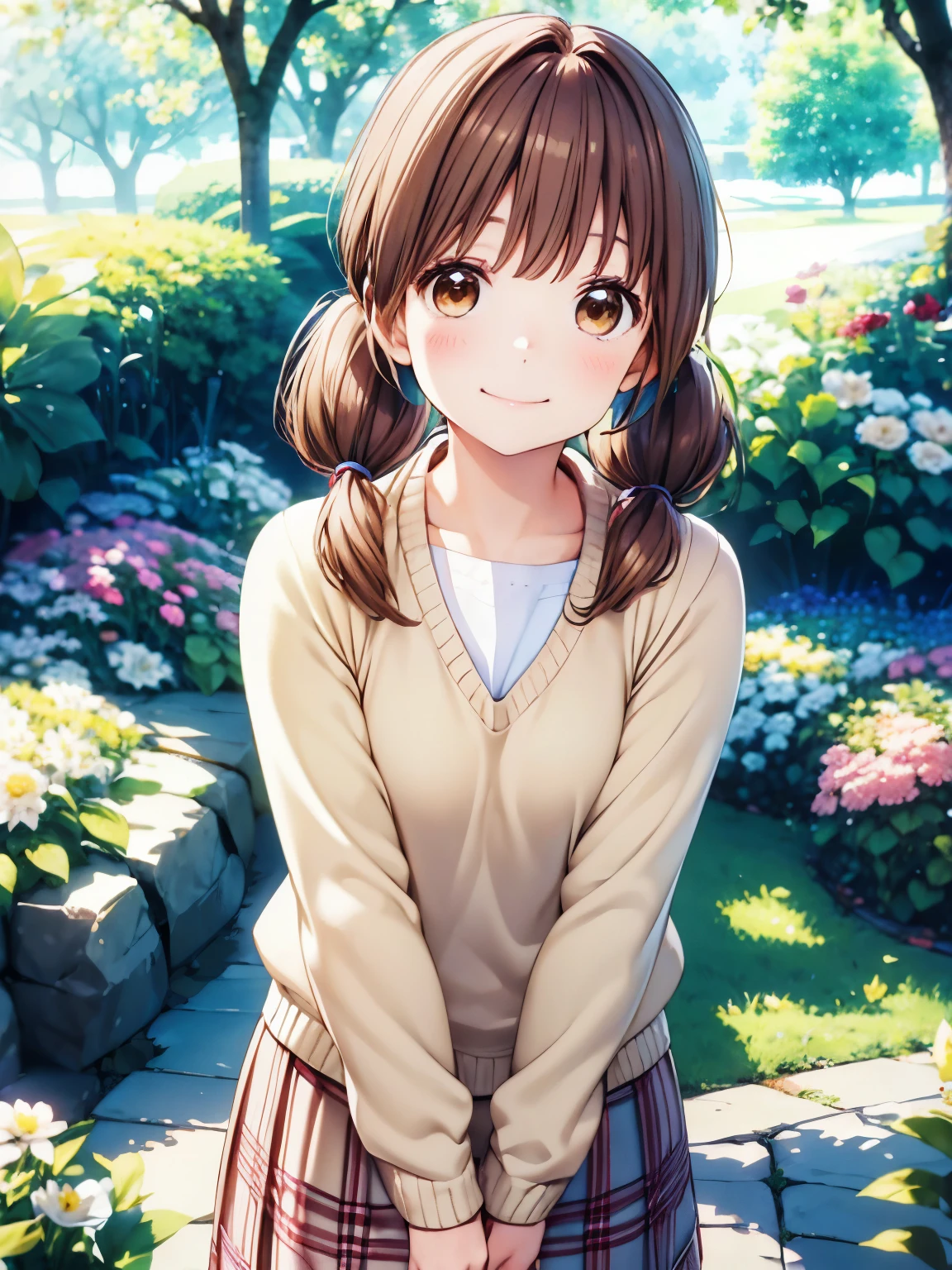 Highest quality, High resolution、unity 8k wallpaper,Absolute reference to the center,Tabletop,Otome、 Highest quality,garden, Laughter、Cream colored sweater、Closed Mouth、、uniform、One Girl, alone, Absolute reference to the center、Standing、 Collected_Yamato, Brown Hair, Brown eyes, Medium Hair、Hunchback、Slightly low twintails,Closed Mouth、smile、Brown Hair,(Realistic, Genuine, Genuine的、Realistic:1.2), Highest quality、 Leaning forward