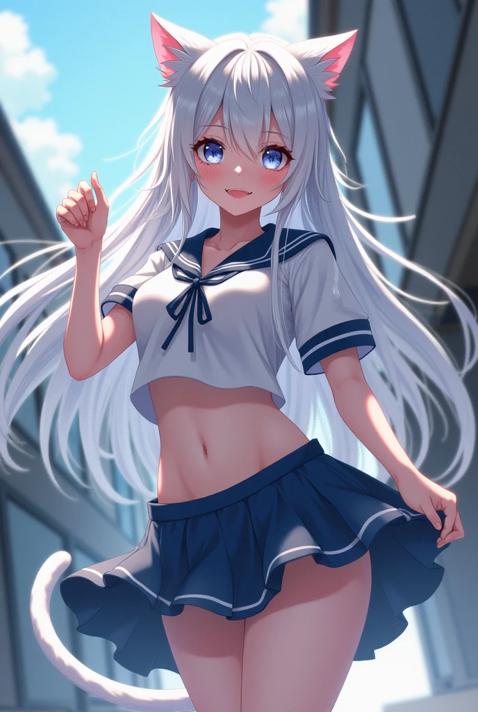 Silver-haired blue eyes、 girl、Small breasts、Twin tails、Laughter、Nico Nico Smile、Wink、 girl、Looks about 、Petan Musume、short、There are highlights in the eyes、Gal-like appearance、Wearing piercings、Sexy short sleeve outfit、mini skirt、The wind is blowing and my panties are showing through my skirt、It's very hot and I'm sweating、