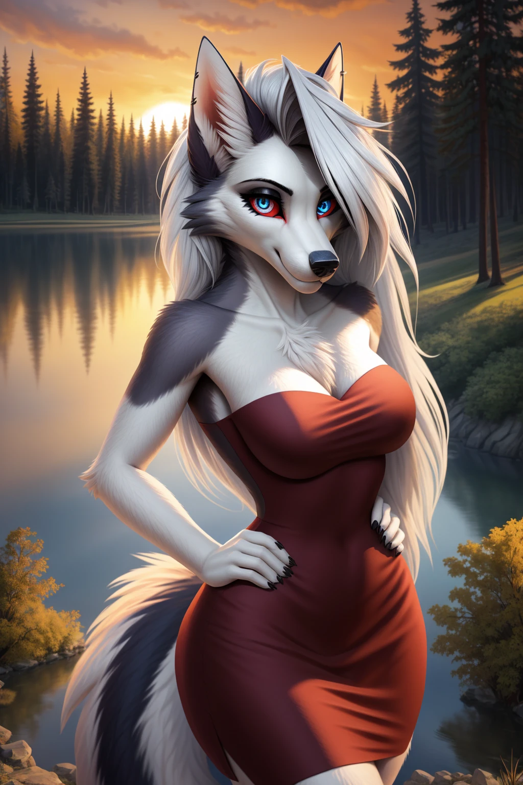 artwork (Highest Quality, 4k, masterpiece, Amazing Details:1.1), (( anthro furry white wolf female)),laying near a lake,medium breast. deep blue eyes, wearing summer dress, (full body:1.3) Shallow Depth of Field, E671, lens 50mm f/2.0, thin eyebrows, wavy short hair with flower hair ornament, (realistic white fur, detailed fur texture:1.2), ((photorealistic) (RAW Photo)), fangs, smile, sexy pose, paws, key visual, vibrant, studio anime, highly detailed,