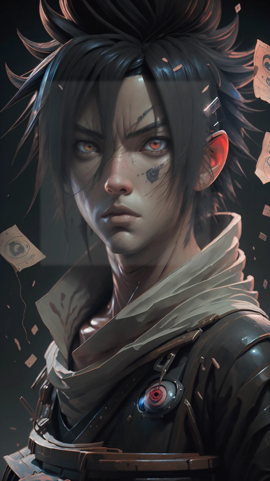 sasuke uchiha, Portrait of the eye, realistic anime art style, sharingan, Mangekyo, red sharingan eyes, dense shadows