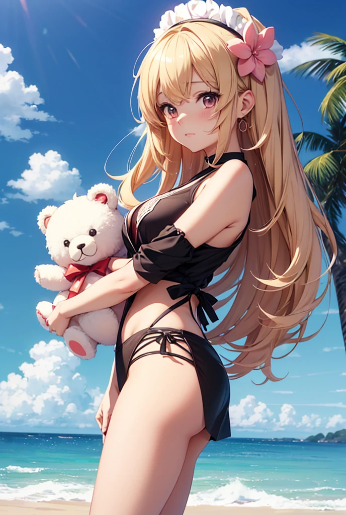 1girl, (Rita Ora) latina small girl adult in a black bikini holding a large teddy bear, teddy bear, stuffed animal, scantily clad, sexy girl, laying teddy bear, brown hair and a perfect body, stuffed toy, fluffy body, posing for playboy photoshoot, cute and cuddly, holding a teddy bear, sexy body, perfect shape, beautiful body, wearing sexy lingerie. small body, small size