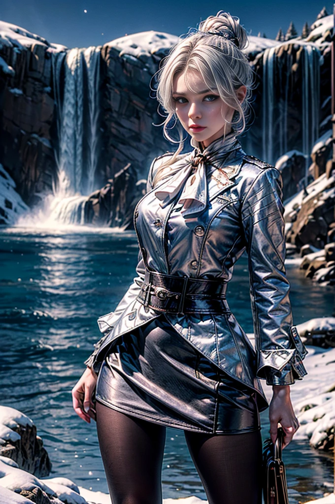 masterpiece,best quality, masterpiece, high detail,detailed face,detailed eyes,rendered eyes,perfect eyes,hip lines,crisp image,detailed,amazing,8k,8k wallpaper,8k background,high detailed skin,high res, (((cowboy shot))), solo, 1girl,looking at viewer,WillowSchnee, white hair tied up in a bun, low on the right side of the back of her head, while her bangs are shaped around the left side of her face and a small, curled lock of hair reaching almost to her shoulders. Her attire consists of a white cravat secured by a silver brooch set with a red stone, as well as a light purple jacket with light sleeves, a wide belt around her waist, a matching pencil skirt with black tights and slippers. serious expression, standing on mountain path, overlooking  waterfall in valley, after snowfall, crowd, night, stars, (volumetric lighting), sharp focus, hyper detailed 