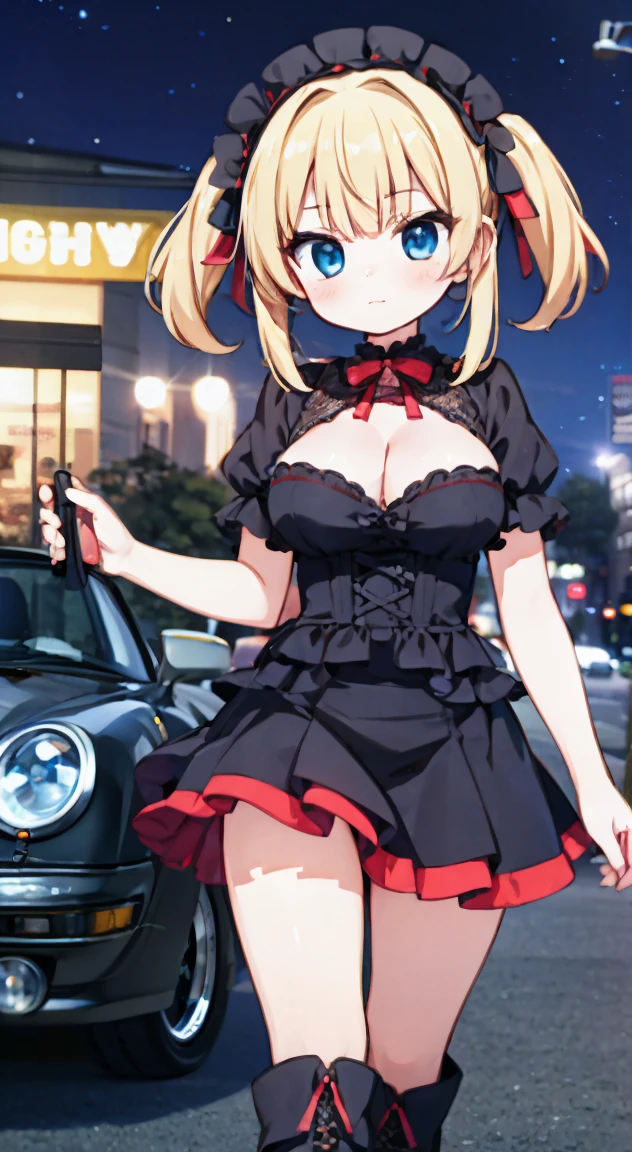 masterpiece, Highest quality, (anime screencap:1.3),(shape), cute,(Simple:1), (anime:1.2),Solo Sharp Focus, 1 Girl, Cleavage,night,((car,mazda RX-7 FD3S animestyle1.3))(Starlight,Starry Sky 1.1),blonde,((mini skirt)), Twin tails,summer ,((Black Gothic Costume)),Red ribbon,Gothic,,Black Lolita Fashion,Gothic Bonnet,Hair Ribbon,Cowboy Shot,Daytime,,,Large Breasts,,(Absolute region 1.1),(Braided Boots 1.1),Browsing Caution,