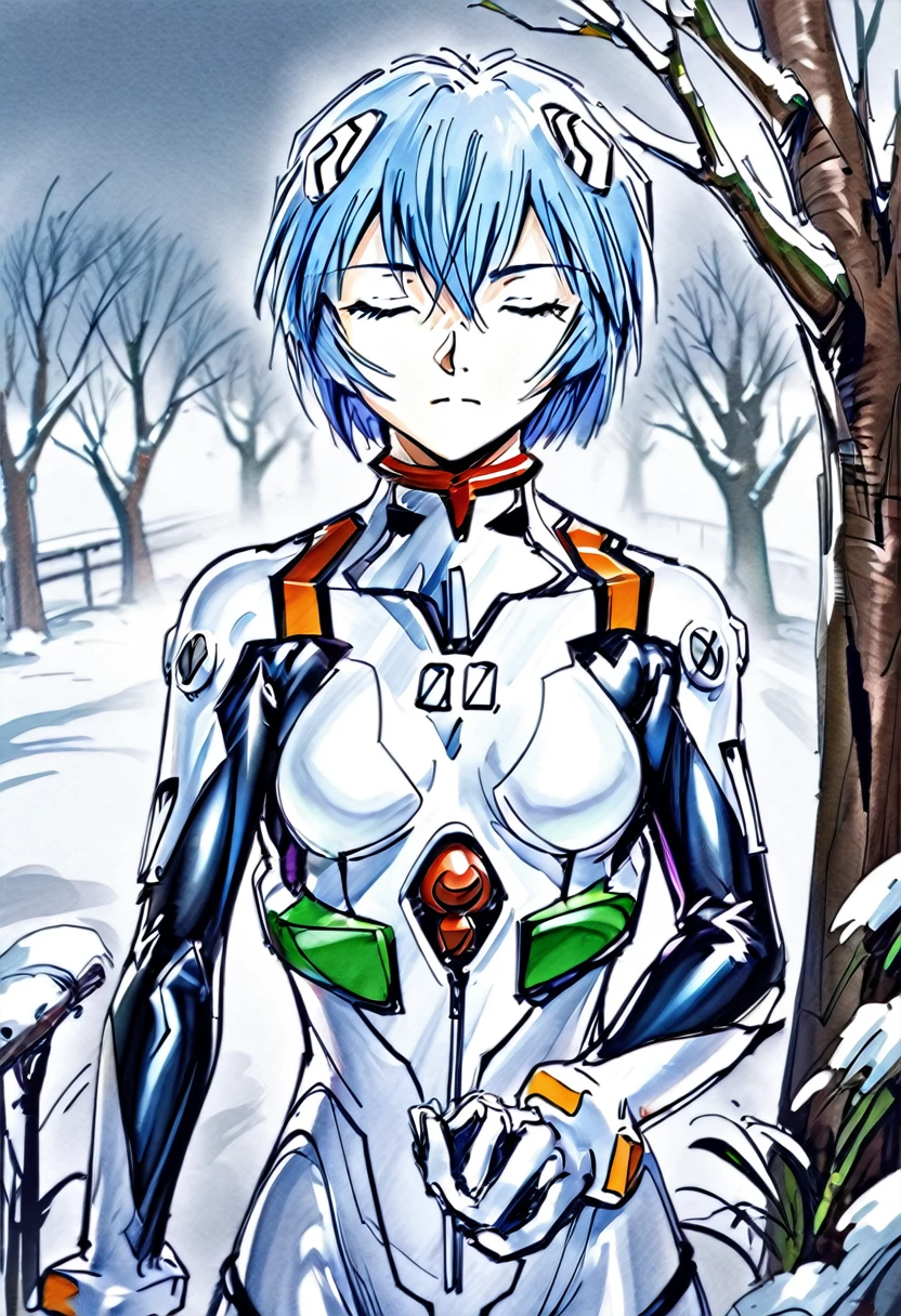 hand-drawn-style, 1girl, ayanami rei, neon genesis evangelion, bangs, short hair, blue hair, hair between eyes, hair ornament, interface headset, closed eyes, closed mouth, bodysuit, plugsuit, white bodysuit, breasts, medium breasts, cowboy shot, BREAK simple background, snow, trees, cloudy sky, masterpiece, best quality, absurdres