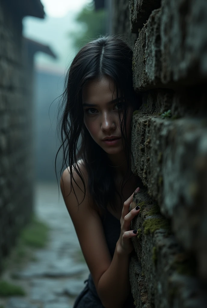 a beautiful woman, Looking at the ruins of the house, dim, dark, rain, lightning, despair, tears, Tears, Torn clothes, wet clothes. Kneeling on the ground, Biting lower lip, Bare shoulders, Real rain, wet hair. Ruins and construction debris as background. Realistic ray tracing.