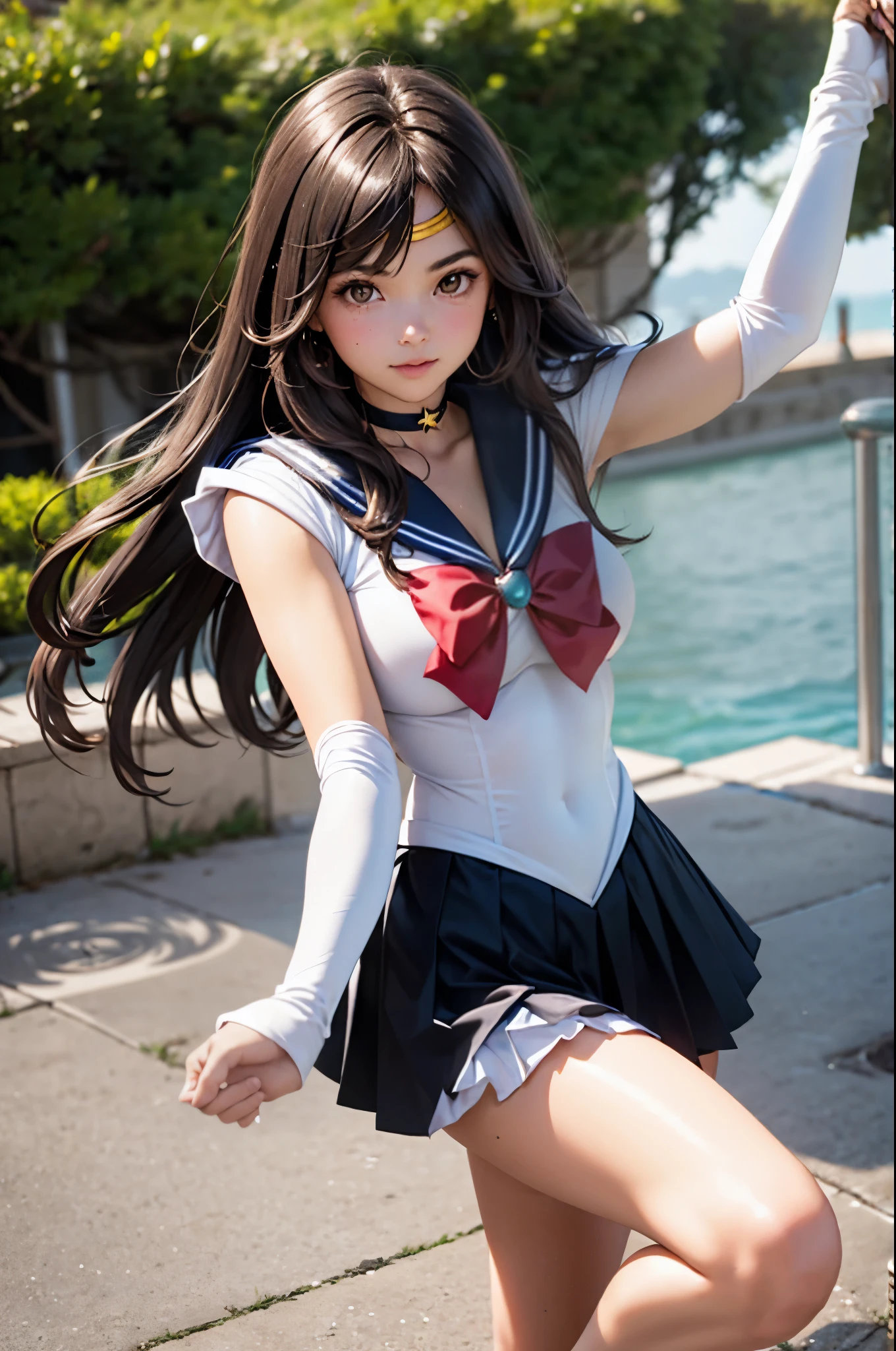 1 girl,long hair, (high quality,8K,black hair, realistic, high quality,masterpiece,Super detailed,organized)1.5,((Summer 1, tiara, Sailor Venus Uniform, white gloves, Red sailor collar, red skirt)),City of night,white gloves,purple ribbon,purple eye, (magical world,fire), (bust-up photo, standing:1.5), yeji, yeji of itzy,kpop