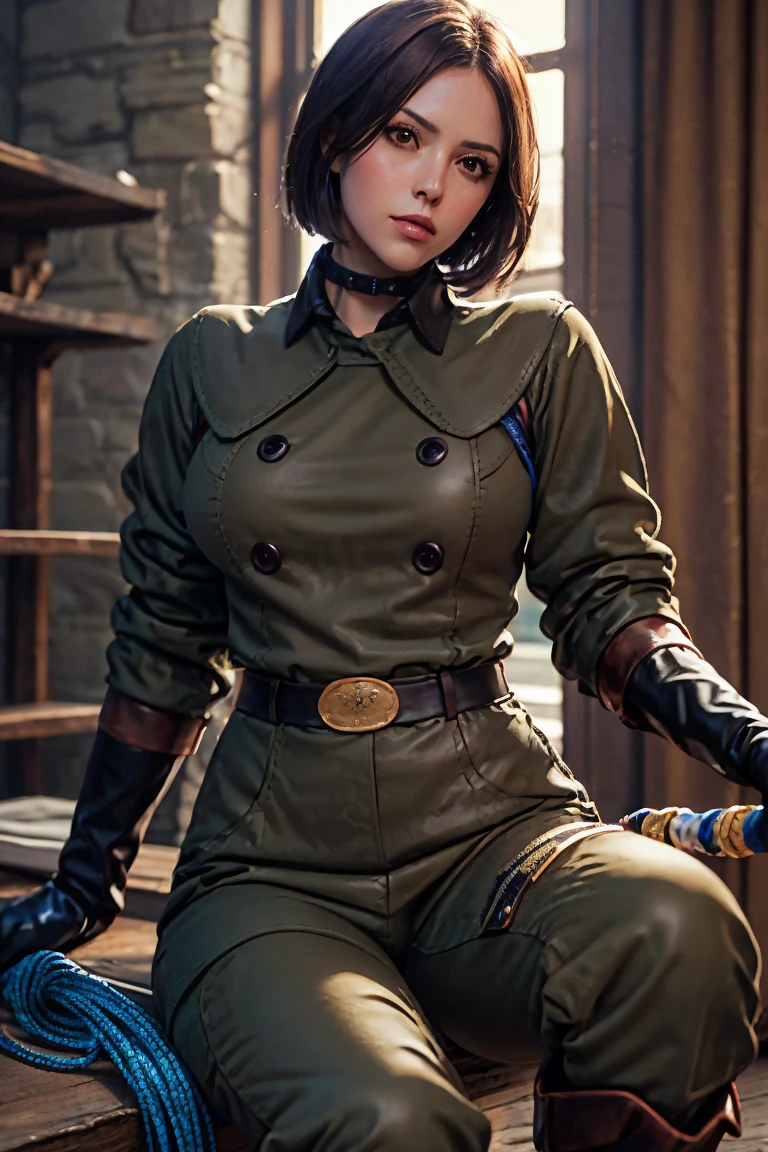 (Best image quality, highest quality, Highest Resolution, Ultra-Realistic Images, Very detailed, masterpiece, 8k), One Woman, Brown medium hair, Khaki military uniform, Leather gloves, Leather boots, ((With a blue whip)), big Breasts, blush, serious look, Dynamic pose, Browsing Caution, half body, perfect face, perfect body, pants
