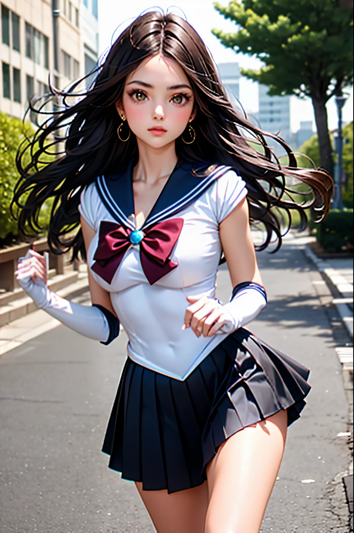 Beautiful brunette girl with brown eyes and long hair wearing a sailor moon costume outdoors 