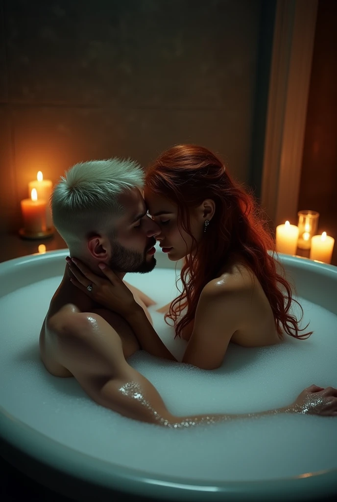 Cinematic image of Harley Quinn without a bra inside a fancy hot tub she is sitting on her back on the joker's lap and he is naked he is squeezing her breast and Harley Quinn is moaning