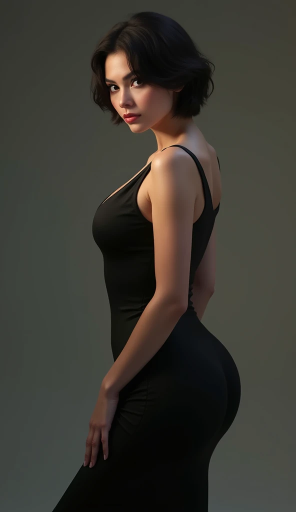 ((perfect anatomy:1.2,realistic:1.3,RAW Photography:1.3,masterpiece、highest quality、Ultra - High resolution、High resolution、Highly detailed CG、8K)),((best quality)), NSFW, small breasts, round breasts, prominent collarbones, skinny arms, flat stomach, visible hip bones, full body, short hair, black hair, image of Ada Wong, Realistic Shadows, Detailed skin, Very small breasts, round breasts, Very detailed, highly detailed face, Perfect face shape, Perfect lips, Perfect nose, Correct beautiful eyes, Watching Viewer, Best Quality, very revealing outfit, unzipped, ((backside view)), show face,