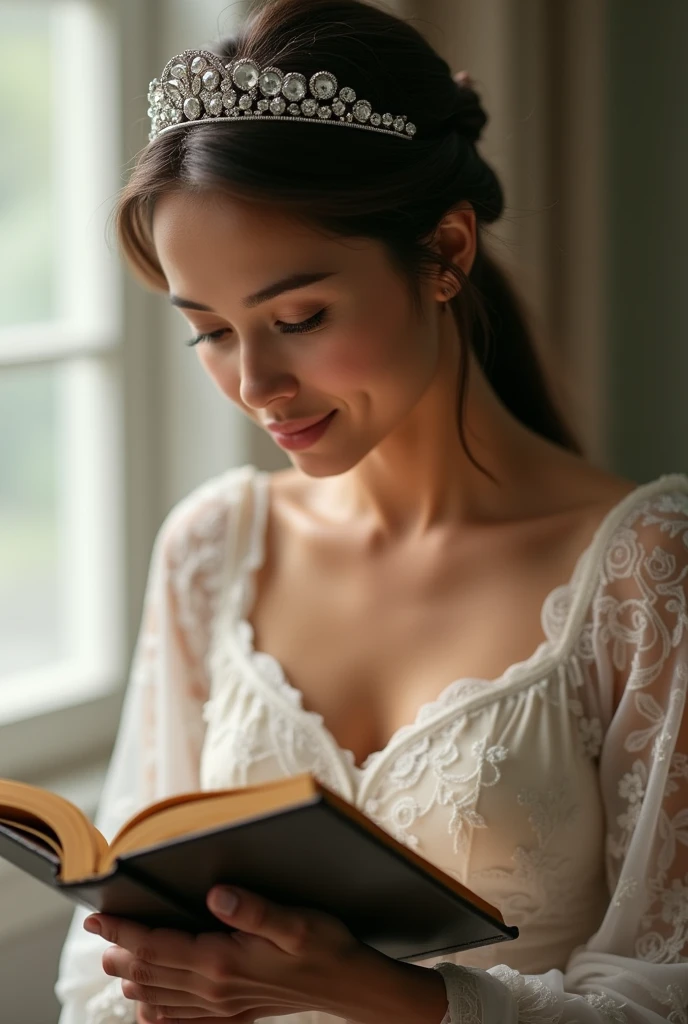 A beautiful girl in a white complexity borded bra and tiny panty, A circle of books scattered on the ground, books and candles are placed around, mirror just above, 8k, Gloomy picture, vision, Depth of field, divine light, film grain, Optical illusion, Vignetting, Renaissance, Pre-Raphaelite Brotherhood, High detail,