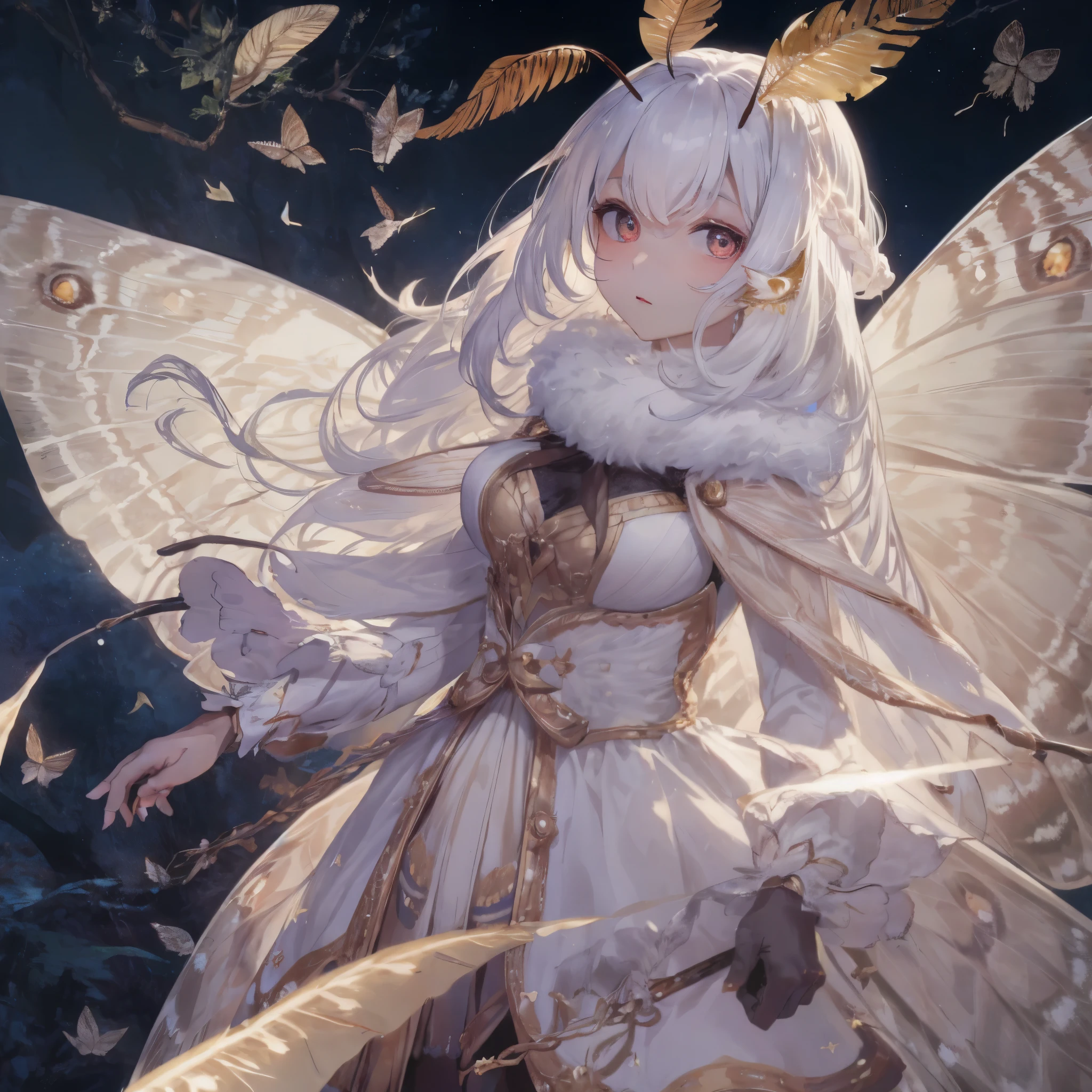 solo,1girl\(cute,kawaii,,skin color white,short white hair,(big moth wing hair:1.7),white dress\(beautiful race\),(2moth antennaes at hair:1.8),[moth wing on back:2.0],[moth wing on body:2.0],[moth wings:2.0],[extra arm:1.5],moth wing is only at hair,dynamic pose\), BREAK ,background\(dark night,beautiful moon,beautiful stars,((beautiful street lights))\), BREAK ,quality\(8k,wallpaper of extremely detailed CG unit, ​masterpiece,hight resolution,top-quality,top-quality real texture skin,hyper realisitic,increase the resolution,RAW photos,best qualtiy,highly detailed,the wallpaper,cinematic lighting,ray trace,golden ratio,\),(dynamic angle:1.3)