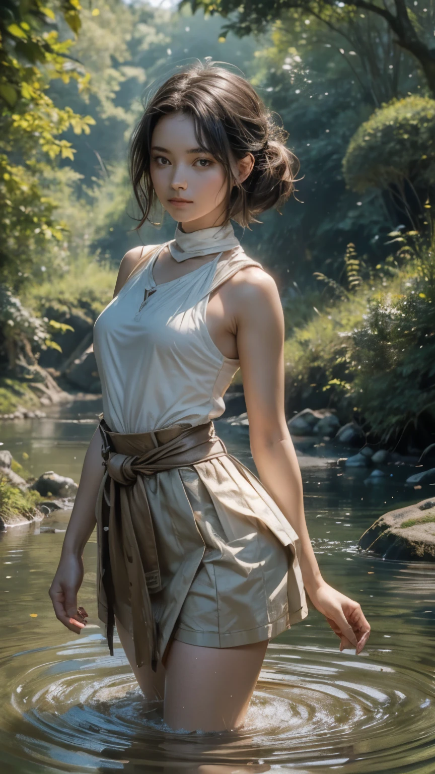 A young androgynous woman with a undercut in a fantasy setting. Happy. Kind. Friendly. Tomboyish. Very pale skin with freckles and liverspots. Very short dark-brown hair with a undercut haircut. Sides shaved. A round soft face and chin. Very thin and barely visible eyebrows. Darkbrown eyecolour. Upturned eyes. Long and wide nose. Curved lips. Long neck. Small chest. Slim. Wide hips. Long thick legs. Wearing a whitedress with stripes over the breasts and loincloth. Black armwrists and knee high boots. Background: A beautiful colourful landscape. Sun is shining. A forest.