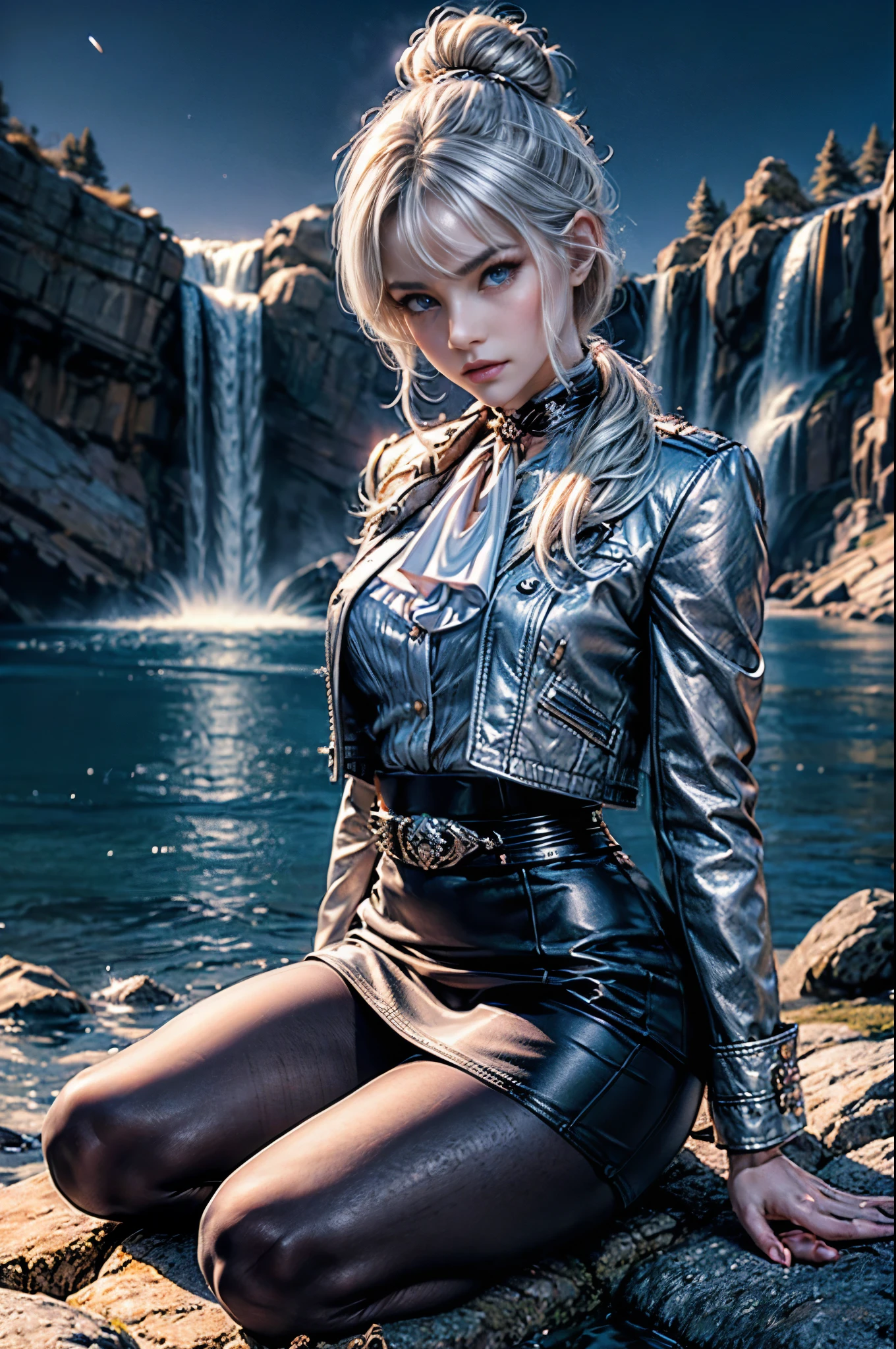 masterpiece,best quality, masterpiece, high detail,detailed face,detailed eyes,rendered eyes,perfect eyes,hip lines,crisp image,detailed,amazing,8k,8k wallpaper,8k background,high detailed skin,high res, (((cowboy shot))), solo, 1girl,looking at viewer,WillowSchnee, white hair tied up in a bun, low on the right side of the back of her head, while her bangs are shaped around the left side of her face and a small, curled lock of hair reaching almost to her shoulders. Her attire consists of a white cravat secured by a silver brooch set with a red stone, as well as a light purple jacket with light sleeves, a wide belt around her waist, a matching pencil skirt with black tights and slippers. serious expression, sitting on mountain path, overlooking  waterfall in valley, after snowfall, crowd, night, stars, (volumetric lighting), sharp focus, hyper detailed 