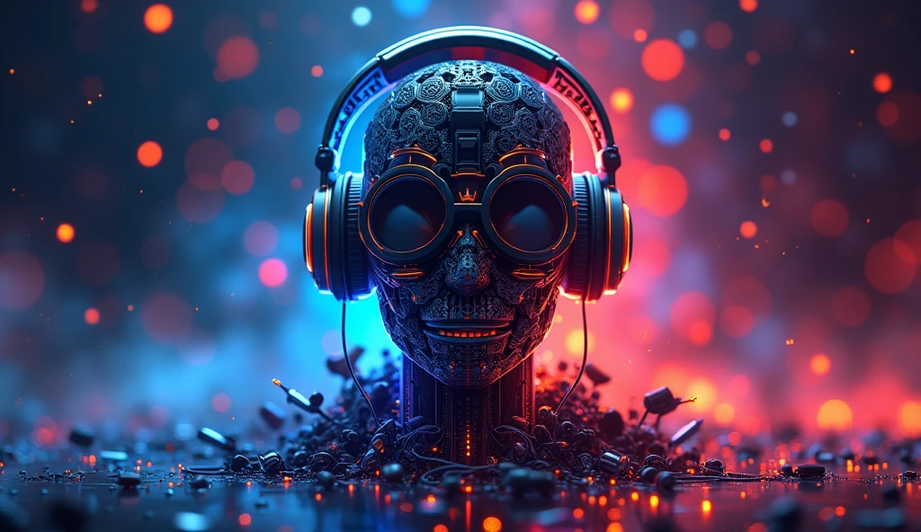 Game development studio logo featuring three interconnected stylized skulls. 1) 3D modeler skull: 45-degree right, low poly, wireframe, headphones, UI elements, blues/teals. 2) Programmer skull: front-facing, made of code, cursor eye, loading icon eye, motion lines, neon green on black. 3) Game designer skull: 30-degree left, book-inspired, quill nose, story elements, game icon teeth, yellows/oranges/purple. Arranged in triangle, slightly overlapping, unified sketch/digital style. Subtle circuit board background. Studio name integrated. Soft inner glow, connecting lines between skulls. Main skull (3D modeler) slightly larger, foreground. Mix of smooth and rough textures. High contrast, vibrant colors, professional yet edgy aesthetic