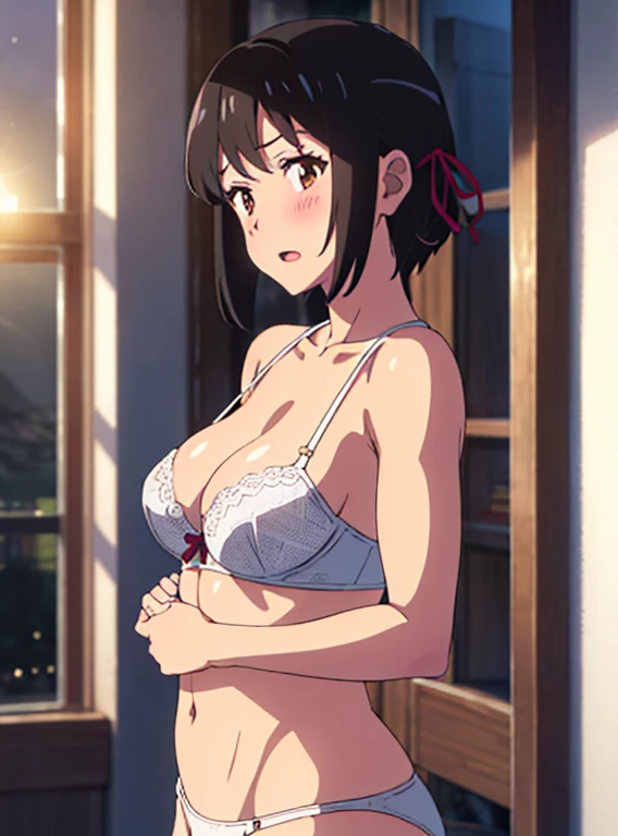 EFT_Sao_Sis, 1girl, kirigaya suguha, solo, black hair, short hair, hair ornament, smile, green eyes, hairclip, upper body, shirt, collarbone, anime coloring, (sweaty), full of sweat, ((armpits)), ((sexy lingerie)), bra, panties, wet body, shiny,