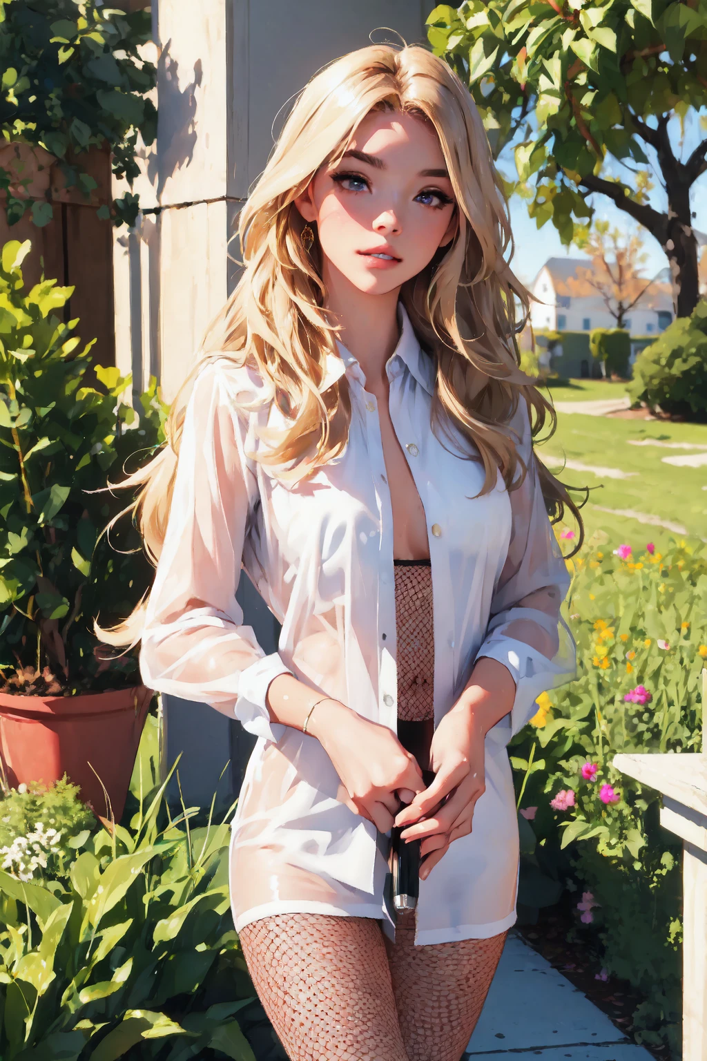 ((((masterpiece, best quality, high resolution)))), Extremely detailed 8K, Beautiful girl with slender body, e-girl, (Ultra HD, Ultra-detailed, Highly detailed, Highly realistic, Ultra-realistic, photograph realistic), (1girl:1.5), (Realistic blonde hair with dark roots), wavy hair,,(dark makeup, pink eyeshadow), facing at camera, light smile, (white and gold outfit, see through clothes, wet skin, transparent). , coy grin, slender body, underbutt, (girl holding dildo), sydney sweeney, fishnets