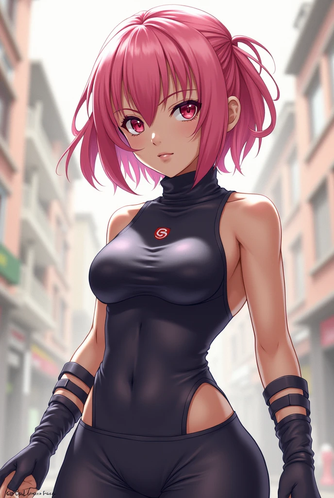 tmasterpiece， Best quality at best， 1girll， Sakura Haruno， Large breasts，upperbody closeup)，Raised sexy，is shy，ssmile，with pink hair， Green eyeballs:1.4)， Forehead protection， alley, prostitute, slutty, slutty clothes, fishnet, see-through, zipper panties, nipple pasties, nude