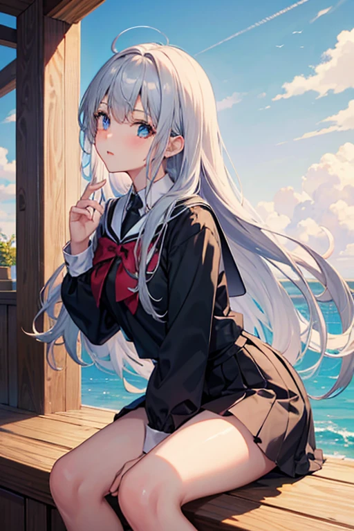 1girl, beautiful detailed eyes, long white hair, light blue eyes, school uniform, high white stocking, lustrous skin, seaside, sea, waves, , high contrast, ((masterpiece, best quality))