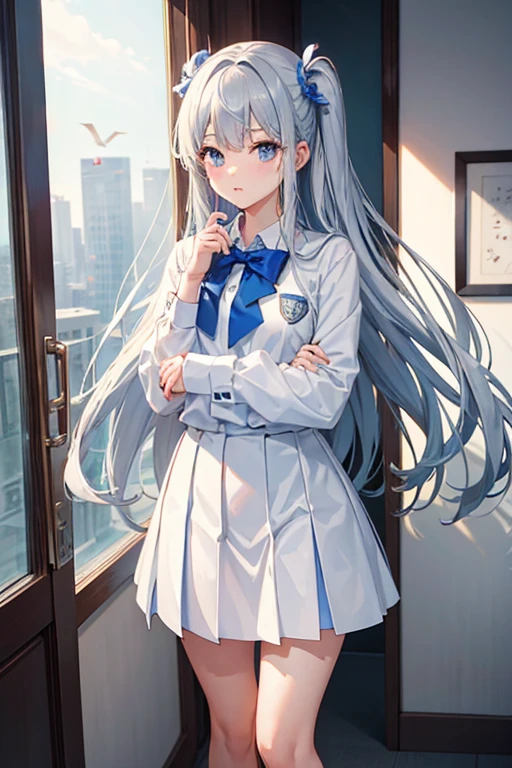 ((Masterpiece), Best Quality, Girl, (Uniform), Schoolgirl, Silver Shorthair, Blue Eyes, (Skirt Deflected), (White Panties), (Shy Face), (Shy Face), (Clear Face), Perfect Anatomy