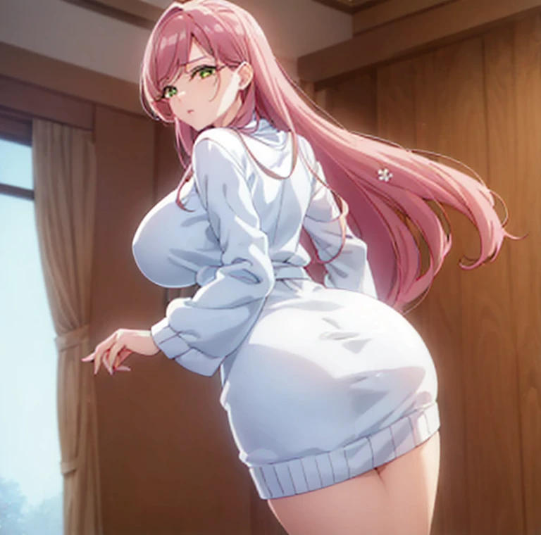 ((1 girl)),((alone)), Hahari Hanazono,(masterpiece), (Best Quality), (ultra detailed), (best illustration), (best shadow), (absurdities), sharp focus, cowboy shot ,atmospheric perspective, depth of field, dynamic posture looking at the viewer, big breasts, narrow waist, Wide hips, wide thighs, round butt, Erotic, romantic, (very detailed eyes, lips 1.1), very detailed eyes, eyes, Very detailed face, very beautiful face, symmetrical face, aesthetic face, perfect face, Perfect eyes, detailed tabs: 1.5), full height, Beautiful slim figure, femininity, expressive appearance, big breasts elásticos, sexuality,(green eyes: 1.2), pink fur, flower, hair flower, ribbed sweater, (white sweater dress: 1.5), bare arms, green eyes, bare legs ,curves, defined body,Perfect and beautiful body, perfect and beautiful, Closed mouth, seductive grimace, blush, (pose sexy: 1.2), ((Alone)), standing: 1.3,((Japanese style house, Mansion, interior, light reflection, bedroom, room, bed, window, urban landscape, city Lights, evening)), looking back, from behind, ((focus on the ass)), point of view :(from below), perfect anatomy, perfect hands