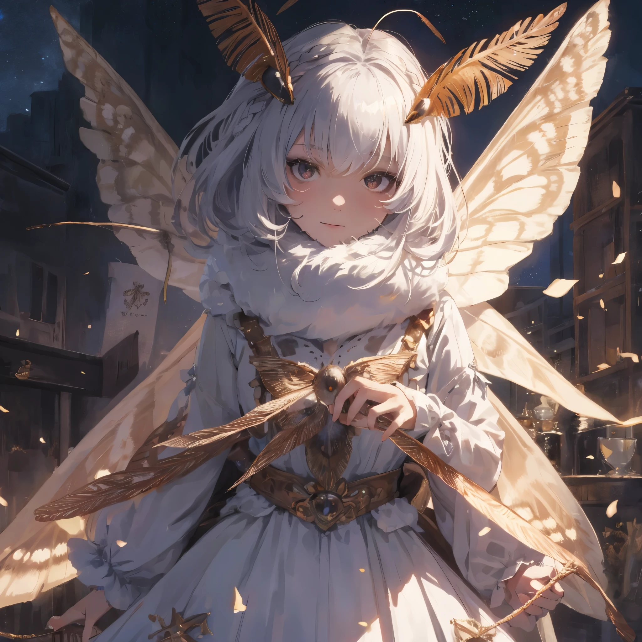 solo,1girl\(cute,kawaii,age of 12,skin color white,short white hair,(big moth wing hair:1.7),white dress\(beautiful race\),(2moth antennaes at hair:1.8),[moth wing on back:2.0],[moth wing on body:2.0],[moth wings:2.0],[extra arm:1.5],moth wing is only at hair,dynamic pose,smile\), BREAK ,background\(dark night,beautiful moon,beautiful stars,((beautiful street lights))\), BREAK ,quality\(8k,wallpaper of extremely detailed CG unit, ​masterpiece,high resolution,top-quality,top-quality real texture skin,hyper realistic,increase the resolution,RAW photos,best quality,highly detailed,the wallpaper,cinematic lighting,ray trace,golden ratio,\),(dynamic angle:1.3)