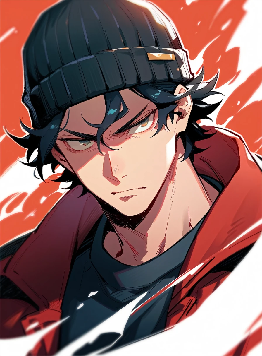  man with a black beanie style hat and red jacket., serious face, half body, disheveled hair