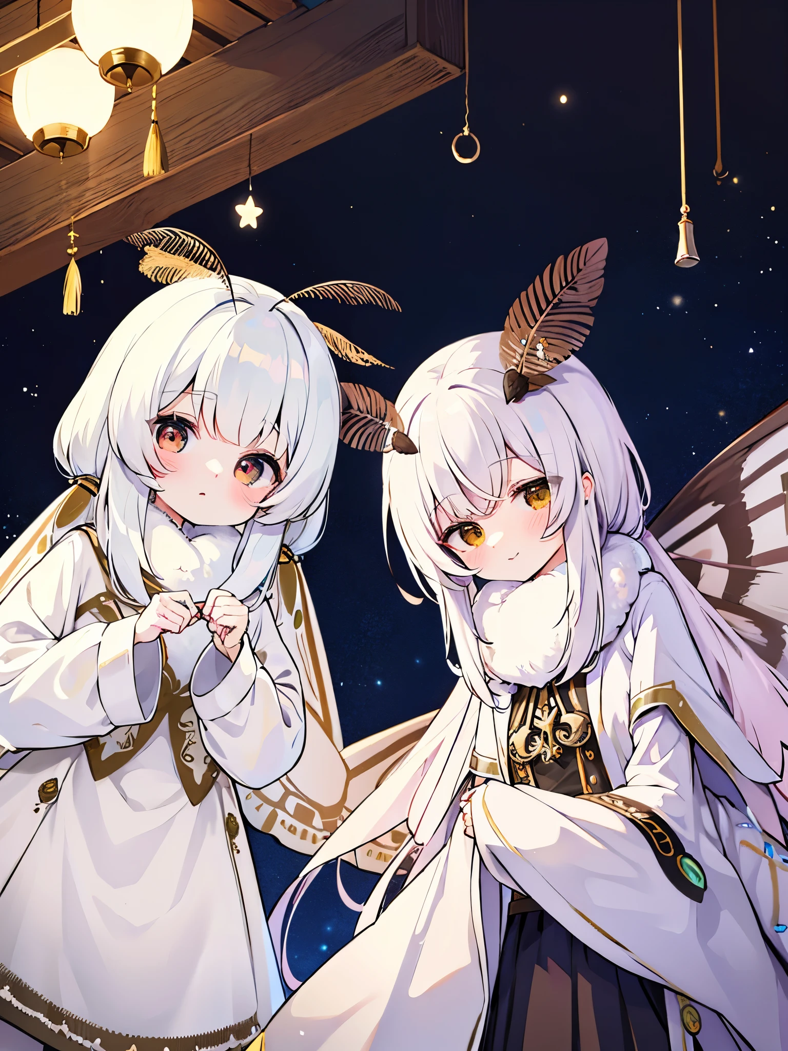 
solo,1girl\(cute,kawaii,age of 12,skin color white,short white hair,(big moth wing hair:1.7),white dress\(beautiful race\),(2moth antennaes at hair:1.8),[moth wing on back:2.0],[moth wing on body:2.0],[moth wings:2.0],[extra arm:1.5],moth wing is only at hair,dynamic pose\), BREAK ,background\(dark night,beautiful moon,beautiful stars,((beautiful street lights))\), BREAK ,quality\(8k,wallpaper of extremely detailed CG unit, ​masterpiece,hight resolution,top-quality,top-quality real texture skin,hyper realisitic,increase the resolution,RAW photos,best qualtiy,highly detailed,the wallpaper,cinematic lighting,ray trace,golden ratio,\),(dynamic angle:1.3)