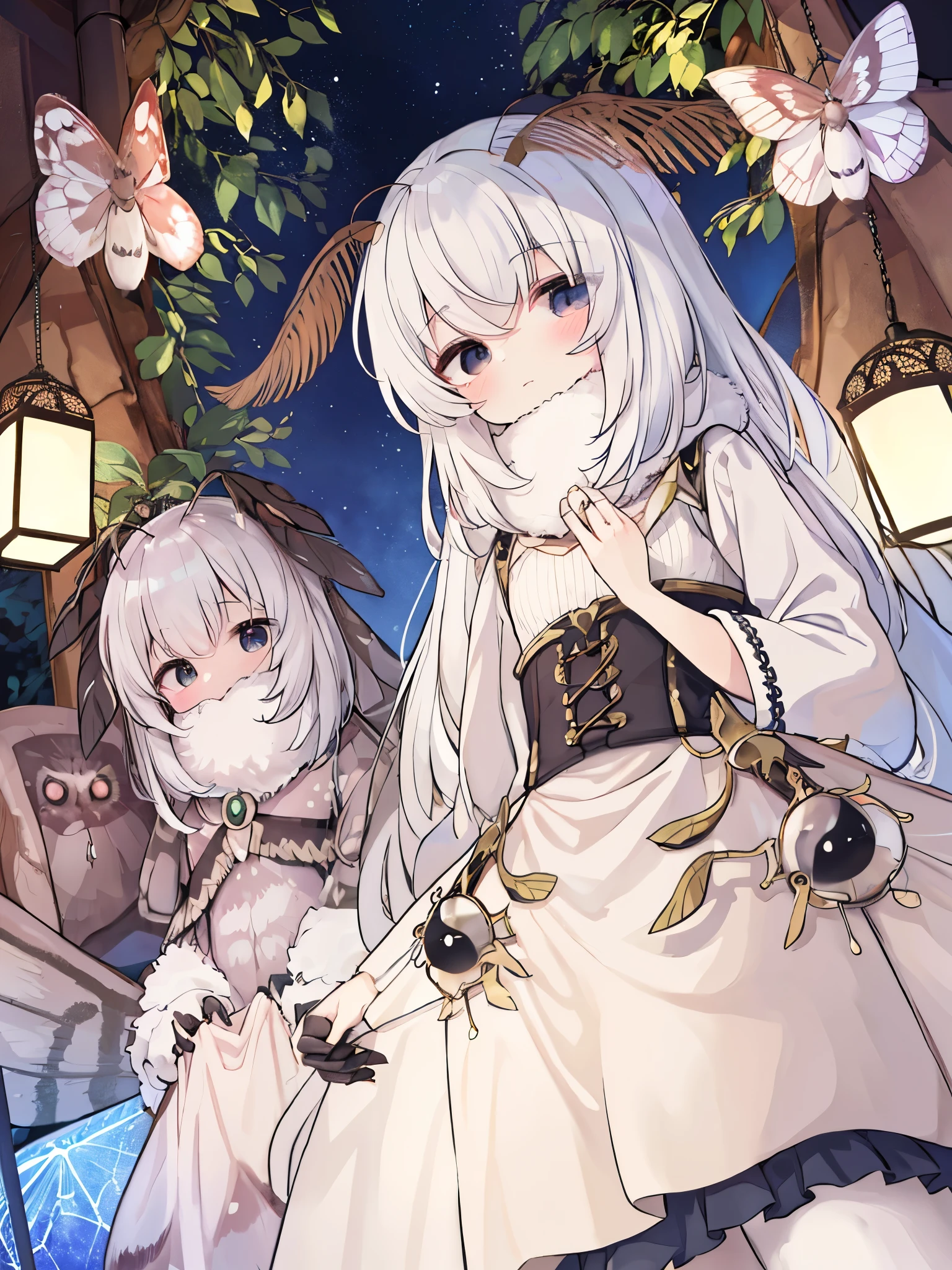 
solo,1girl\(cute,kawaii,,skin color white,short white hair,(big moth wing hair:1.7),white dress\(beautiful race\),(2moth antennaes at hair:1.8),[moth wing on back:2.0],[moth wing on body:2.0],[moth wings:2.0],[extra arm:1.5],moth wing is only at hair,dynamic pose\), BREAK ,background\(dark night,beautiful moon,beautiful stars,((beautiful street lights))\), BREAK ,quality\(8k,wallpaper of extremely detailed CG unit, ​masterpiece,hight resolution,top-quality,top-quality real texture skin,hyper realisitic,increase the resolution,RAW photos,best qualtiy,highly detailed,the wallpaper,cinematic lighting,ray trace,golden ratio,\),(dynamic angle:1.3)