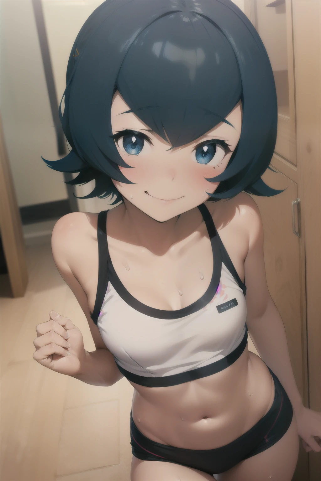 Anime style, 1 girl lana , young girl , childshi  body ,solo , short blue hair ,sweat , flat chest ,sport bra ,  smug face smile , blush, bloomer , running , park .