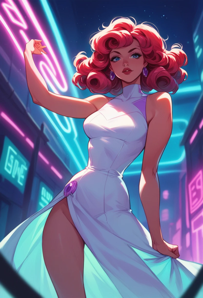 Red hair . Beautiful woman with curly hair and wearing white full-size dress - futuristic 80s style, neon at night purple neon glow coordinator, hanna barbera the jetson style