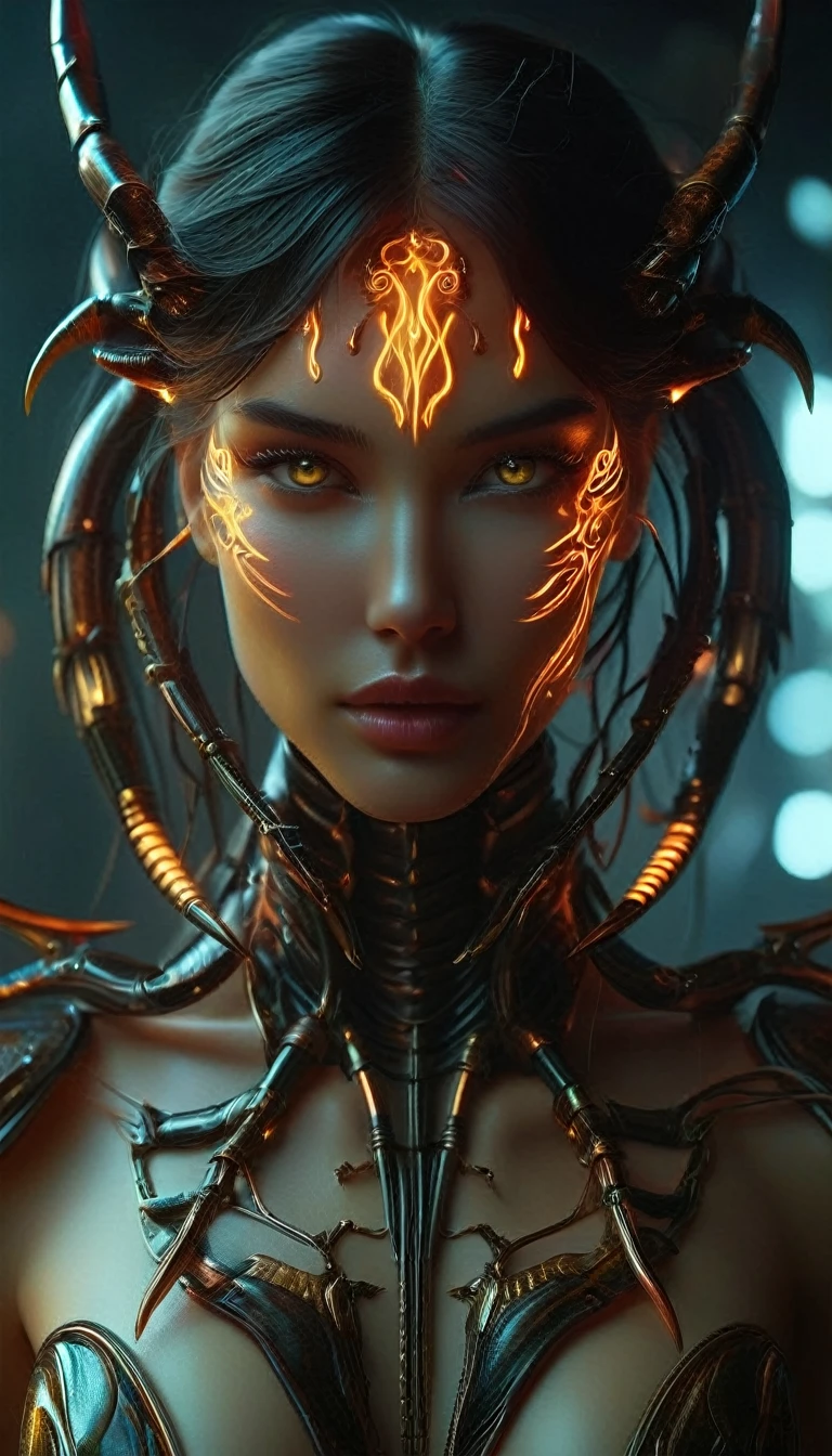 (Highest quality, 4K, 8k, High resolution, masterpiece: 1.2), (Super detailed, Realistic, Realistic: 1.37), A female android that closely resembles a scorpion, Designed to embody both elegance and lethality. Her sleek metal frame gleams under the artificial lighting., All lines and curves、While maintaining unmistakable mechanical precision、Meticulously crafted to mimic the fluidity of living organisms。. My hands became scorpion pincers.

Her human form is intricately decorated to resemble a scorpion&#39;s exoskeleton.。. dark, Her body is covered in iridescent plating, When she moves青と紫の微妙な色合いが映える. Along her spine, A series of segmented plates mimics the rigid structure of a scorpion&#39;s tail., It suggests a deadly poisonous needle hidden within..

Her face is a mystery, Beautiful and unsettling. The smooth synthetic skin fits snugly over her face., giving her heavenly beauty, But her eyes reveal coldness, Calculated Intelligence. Glowing in unnatural colors, Varying amber and crimson hues, Like a burning ember in the dark.

Her Hands, have sharp claw tips, It possesses both delicate precision and devastating power.. Each finger moves smoothly, despite its mechanical nature., Can attack with lightning speed if necessary.

When she moves, Her movements are very graceful and supple., Reminiscent of a predator hunting its prey. Despite her mechanical nature, She exudes an aura of primal instinct., Her every move is calculated for maximum efficiency and lethality..

In the world of science fiction, She is both an engineering marvel and、They are also a formidable opponent, A reminder of the infinite possibilities of technology and the dangers that lie in its creation. (whole body)