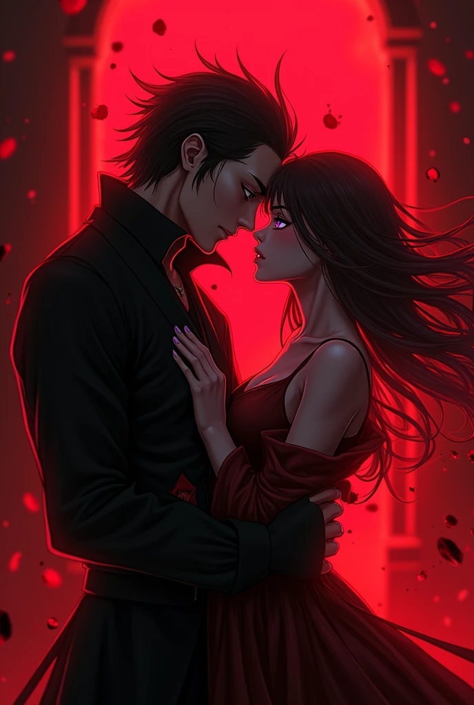 Detailed eyes, Vampire Pale man, long black hair and black and red vampire clothes vampire outfit, vampire man with long hair Red glow in the eyes, blood dripping from the mouth, vampire fangs, vampire couple, vampire love and a Vampire pale woman with black hair with bangs black mini skirt black and black corset, fishnet stockings, black boots, vampire woman’s outfit, vampire, vampire woman, Red glow in the eyes, blood dripping from the mouth, vampire fangs, vampire man and vampire woman, man and woman in love man long hair seductive look, kissing,