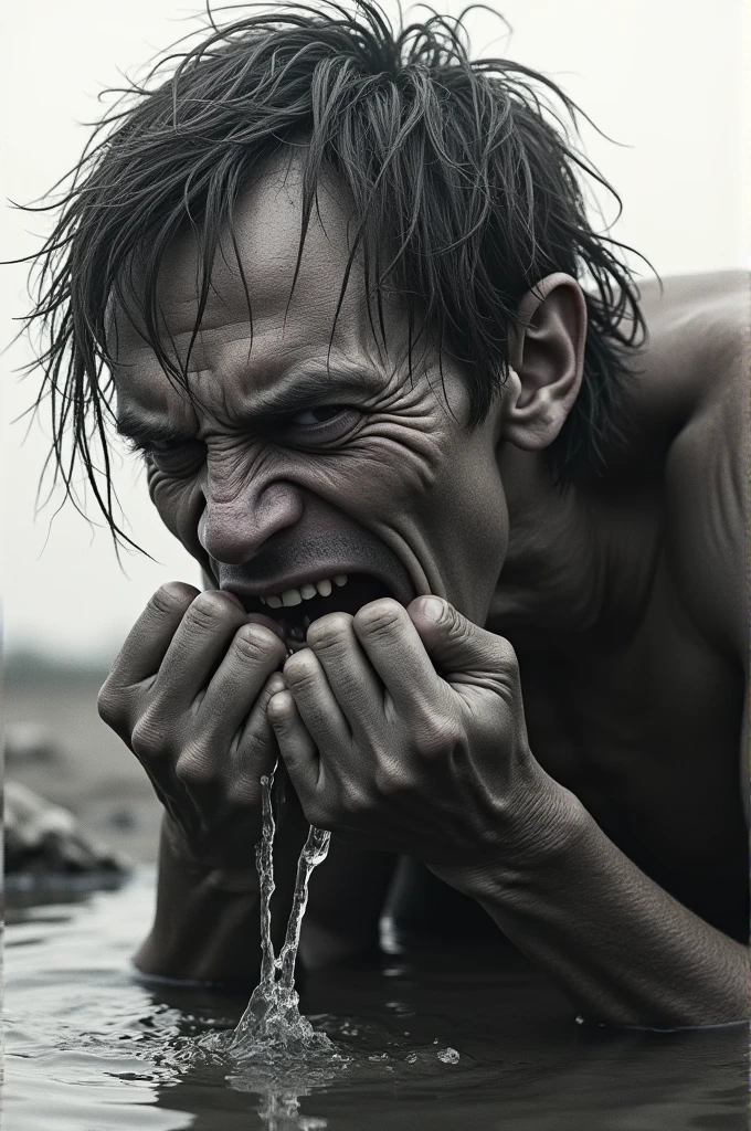 Photo 4k, man, screaming male cyborg porcelain sculpture, (((breaking))), (((totally white))), (((1 man))), shocked, ((black oil drool)), sidelit, telephoto, studio light, sandy white floor, (((wet mist)), intricate details, real skin texture, 4k hd --auto --s2