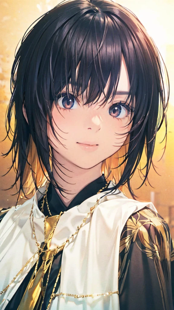 Official Art, wallpaper, Very detailed, (((Very detailedな目と顔))), Realistic portraits, (Highest quality, masterpiece, High resolution), (High resolutionスキン: 1.2), 8K Ultra HD, Backlight, Background Blur, smile, One Woman, a woman in a white shirt, Beautiful woman, Attractive beautiful face, Beautiful face and perfect skin, Diffused, Natural skin glow, Attractive and beautiful, Enveloped in golden light, Gorgeous and attractive, Soft Golden Hour Lighting, natural beauty expressive pose, Soft golden light, Attractive girl, Golden Background, Dynamic Angle