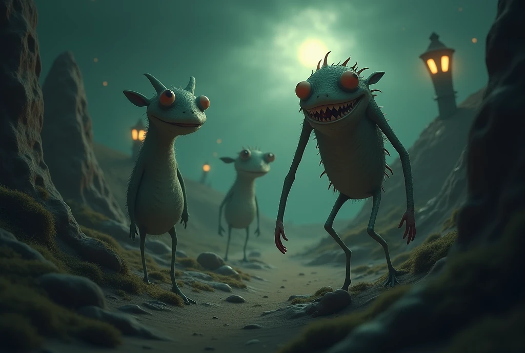 BREAK (masterpiece:1.2), best quality, high resolution, unity 8k wallpaper, (illustration:0.8), (beautiful detailed eyes:1.6), extremely detailed, perfect lighting, extremely detailed animation , City in ruins, houses and buildings, open windows, scary atmosphere, scary deformities monsters looking at the viewer, no humans, solo, empty scenery, night, no humana