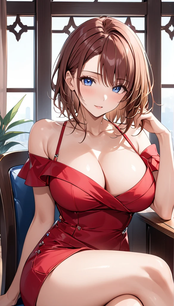 ((Highest quality、masterpiece、anime style、best quality、high resolution、8k、detailed、ultra-detailed:1.3)),off-shoulder dress,Mature Misaka Mikoto,sits by the table, detailed face, detailed eyes,sexy, large breasts,high res,high quality, masterpiece,black shiny heels, crossed legs, perfect anatomy, perfect body