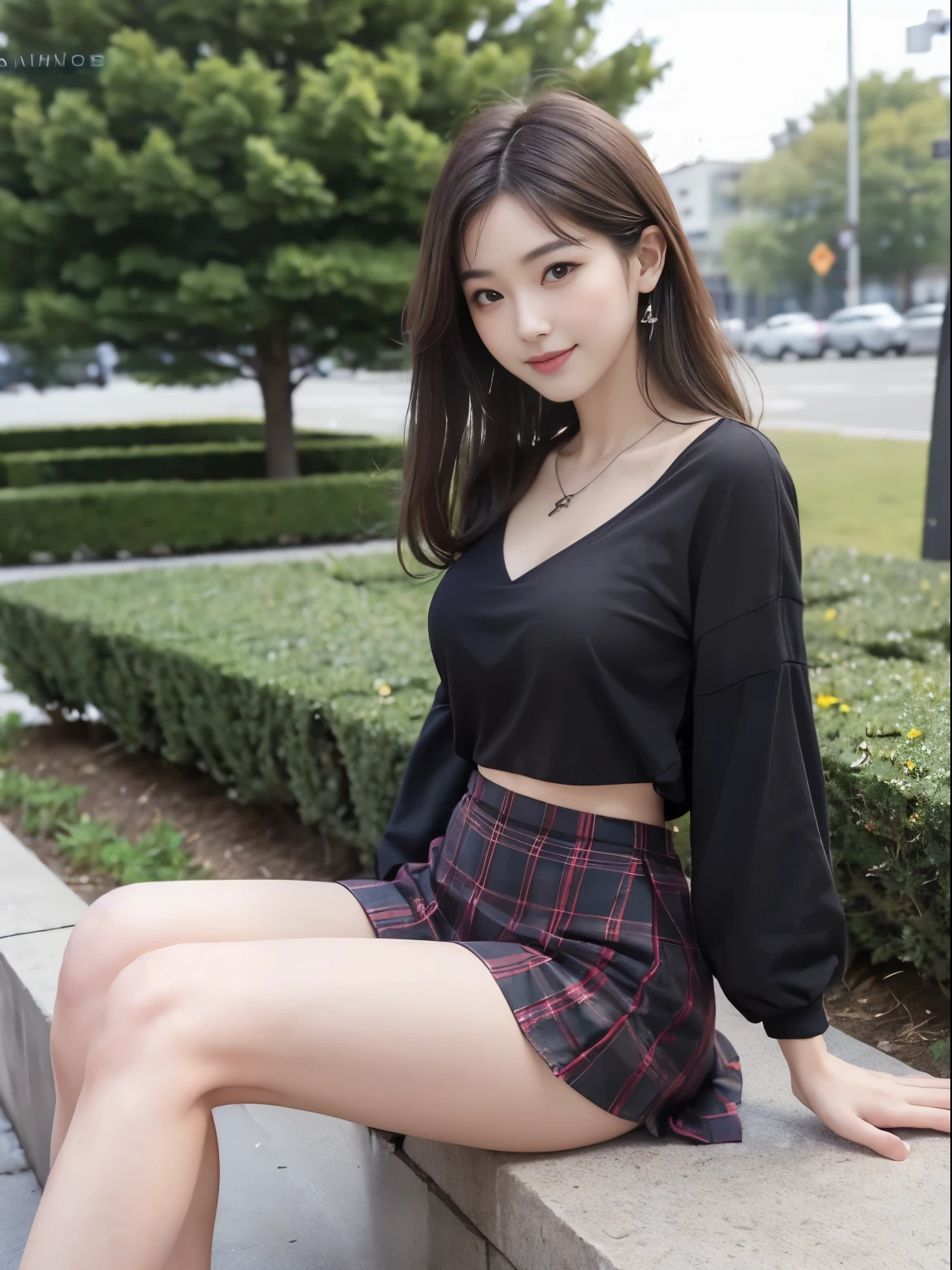 nsfw, 8K raw photo, Best quality, masterpiece, ultra high res, film grain, filmg, 1girl, looking at viewer, natural skin texture, realistic eye and face details, full lips, lipstick, (makeup), red eyeshadow, fluffy short hair, messy hair, smile, close mouth, beautiful legs, tall female, skinny, slim_legs, solo, enormous breast, cleavage, Pose with buttocks facing you, ultra short skirt, ass, shirt, beautiful nature location, around flower location, (detailed background), plaid skirt, white shirt, enormous breast, cleavage, Show a little cleavage through the shirt, loafers, blurry background, blurry, holding, plaid, short sleeves, jk ribbon on the neck, jk ribbon, brown hair, bracelet, water, bangs, school uniform, jewelry, parted lips, lips, from side, pleated skirt, depth of field