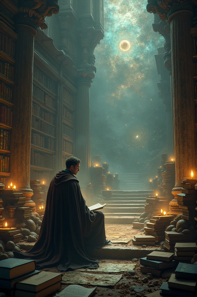 Highest quality、masterpiece、(muscular male:1.2)、(father:0.5)、Black Hair、Brown skin、Short Hair、Sports haircut、short hair、fantasy、library、wizard、Wearing a jet black robe、bare chest、Have a magic wand、starry skies、Looking for a book