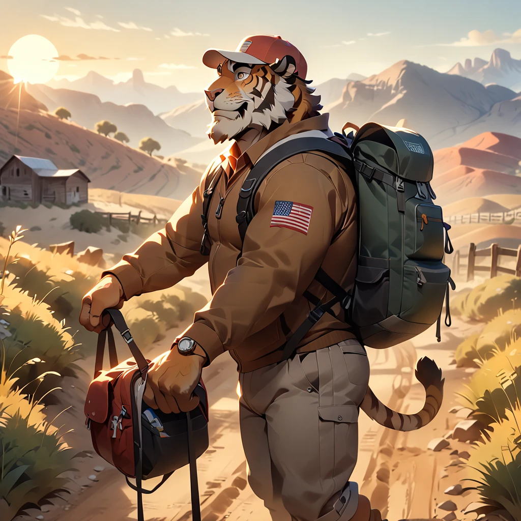 masterpiece, best quality, very aesthetic, absurdres, from side, looking away, american country, backpacker, plump middle-aged american tiger man, fluffy body, brown eyes, beautiful beard, male face, big face, square jawline, male eyes, sharp eyes, big eyes, male eyebrows, innocent look, happy, little smile, backpack, baseball cap, sneaker, standing, hiking, dynamic pose, BREAK morning, path, cow farm, desert, outdoor,