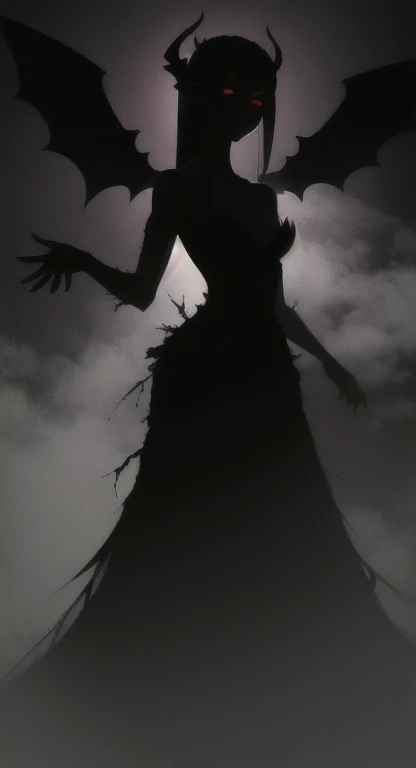 Foggy Forest, ancient female creature, demonic silhouette, succubus shadow figure, red eyes, eyes in the fog, rotting, looking dead, torn wings, 