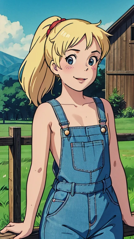 (1girl, solo, highly insanely detailed, masterpiece, top quality, best quality, highres, 4k, 8k, RAW photo),((innocent look)),((Childish)),From the front, symmetrical composition,smile,cute,Innocent,Kind eyes,Flat chest, siiting on fences, (ghibli style),farm, barn house, outdoor, (betty), (blonde hair, ponytail, blush, smile), naked overalls, looking at viewer