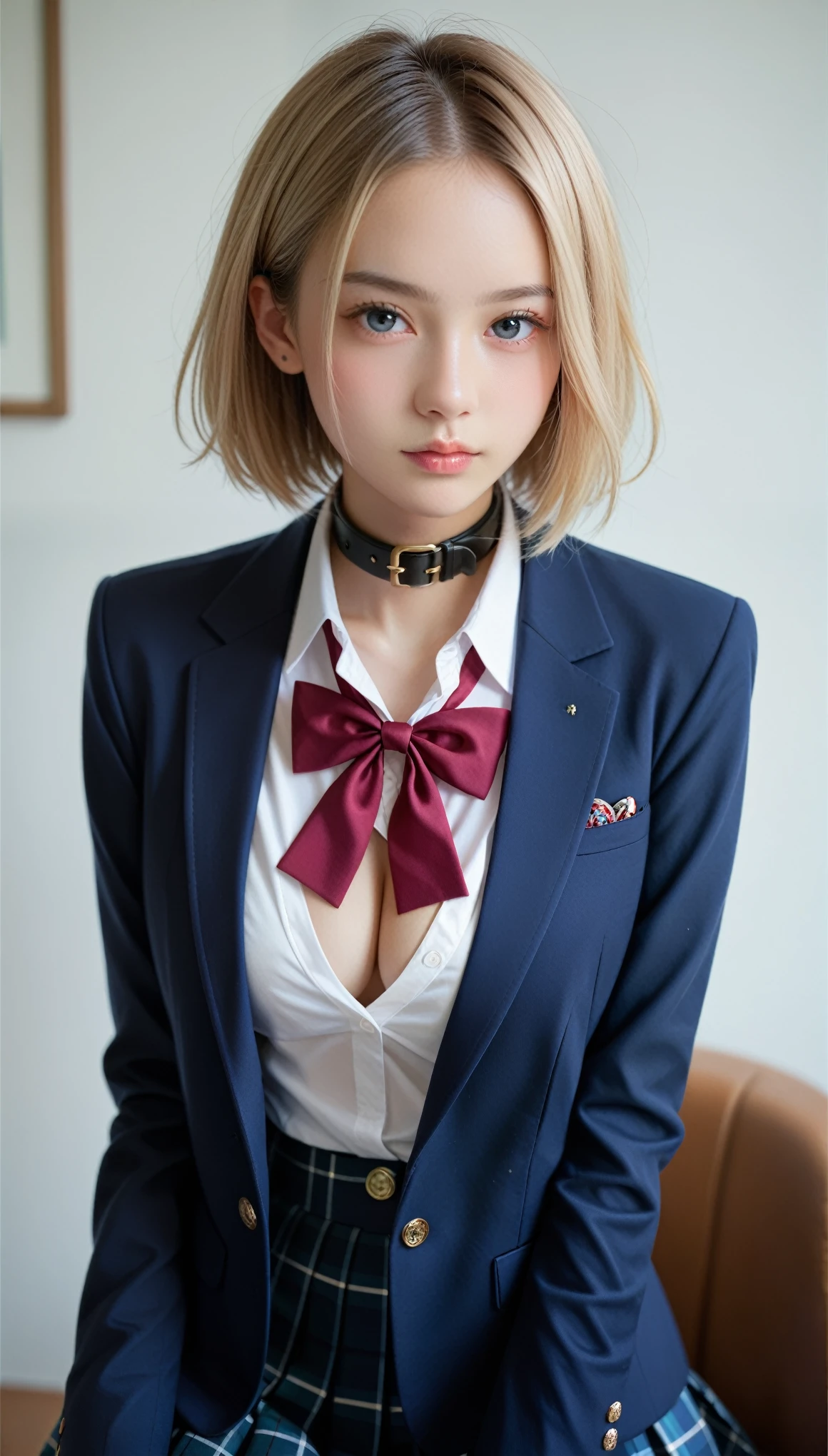 score_9,score_8_up,score_7_up,best,quality,ultra detailed,absolutely resolution,Japanese teenager girl,blond hair,short hair+forehead,large breasts,School uniform+blazer+cleavage,erection of nipple,collar,from the front,looking at viewer,private room