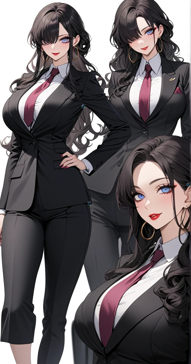 ((masterpiece)), ((high quality)),((ultra-detailed)), ((extremely detailed)),4K,8K, (character portrait), wearing elegant black pants suit on beautiful buttocks, in business suits, black tight pants, (white collared shirt with suspenders), red silk tie, 2, a beautiful woman, very tall woman with great style, female mafia-boss, perfect big breasts, perfect big breasts, middle plump ass, slender body, 1girl, solo, long curly hair, black hair, black pupils, hair over one eye, perfect hands, perfect face, perfect eyes, perfect body, perfect legs, red lips, smile, front view, beautiful legs, (white office background),suit, pants,suit, pants, ,defCamilla, hair over one eye, black hair, hoop earrings, ,suit, pants, necktie, onepiecestyle,blue eyes, black hair, hoop earrings, makeup,kafka, long hair, full body