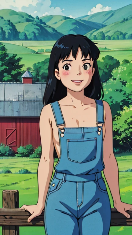 (1girl, solo, highly insanely detailed, masterpiece, top quality, best quality, highres, 4k, 8k, RAW photo),((innocent look)),((Childish)),From the front, symmetrical composition,smile,cute,Innocent,Kind eyes,Flat chest, siiting on fences, (ghibli style),farm, barn house, outdoor, (veronica), (black hair, blush, smile), naked overalls, looking at viewer