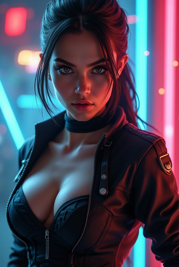 ((Very beautiful girl)), 8k, Young beautiful girl, sexy girl, ((colored long hair)), ((very long hair)), complex makeup, ((big tits)), ((huge breasts)), large breasts, ((huge tits)), ((plump lips)), pouty lips, pouty lips, big lips, ((big expressive black eyes)), big eyes, perfect beautiful girl, young mommy, necklace, glitter, ((perfect hands)), wet, sexy, ((in a business suit)), Background: ((neon dark wall)), close-up, many details, contour lighting, ((business suit)), close-up, first person, sex, lust, debauchery,