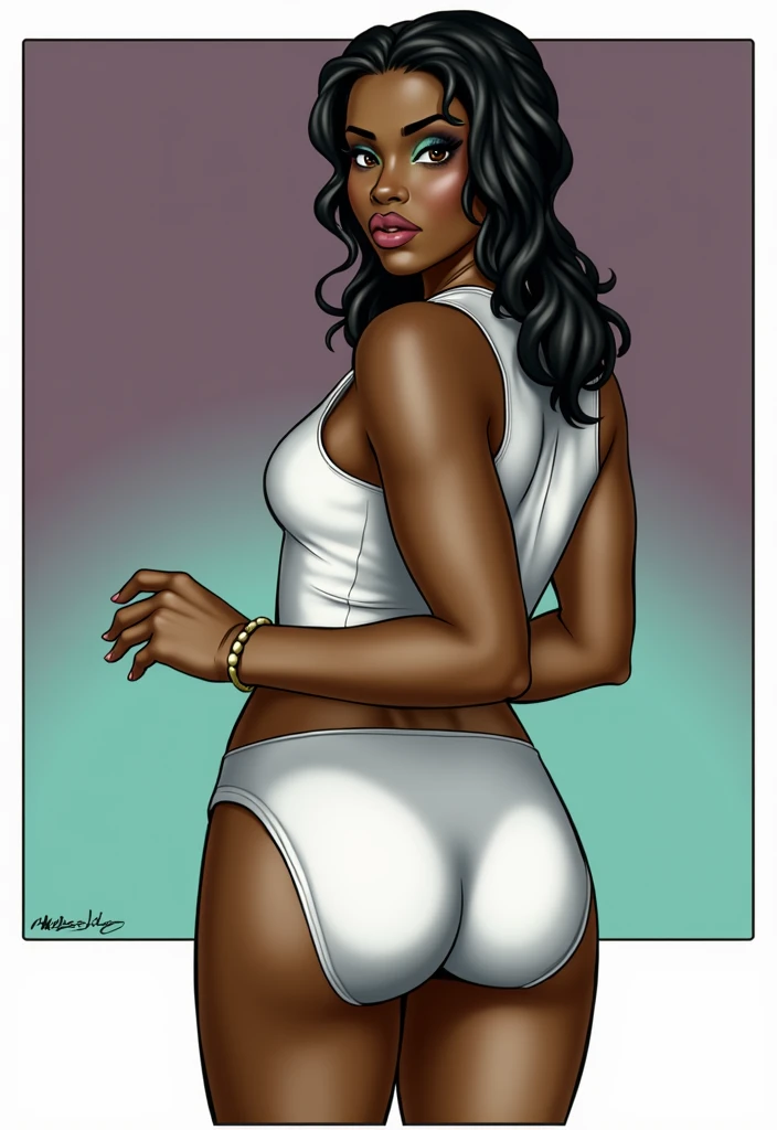 ((((masterpiece, best quality)))), ((33 year old)), (((Curvy))), ((Black woman with black afro)), in ((white bra)), ((white high cut fullback panties)), ((Large Hips)), ((Standing in a cluttered bathroom)), (((Western cartoon style)))