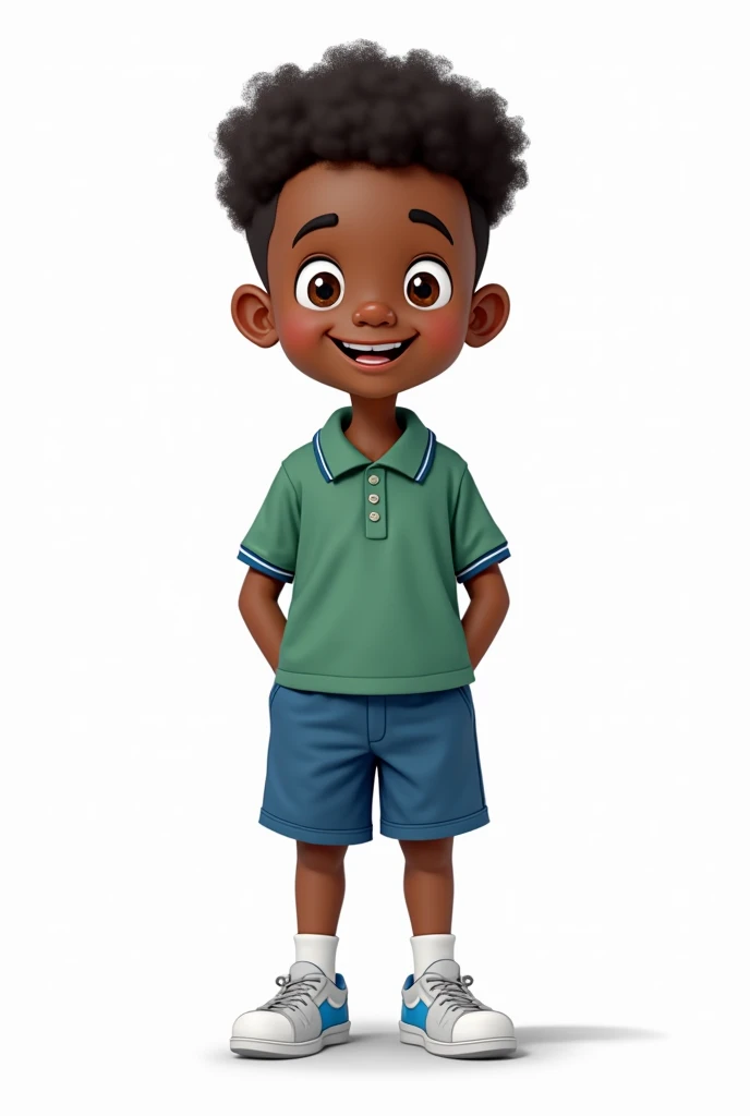 An 1 boy with a blue Nick t-shirt along with yellow shorts with black flowers, a normal face with a chubby nose and curly hair with few pimples, with dark skin, a  older.
