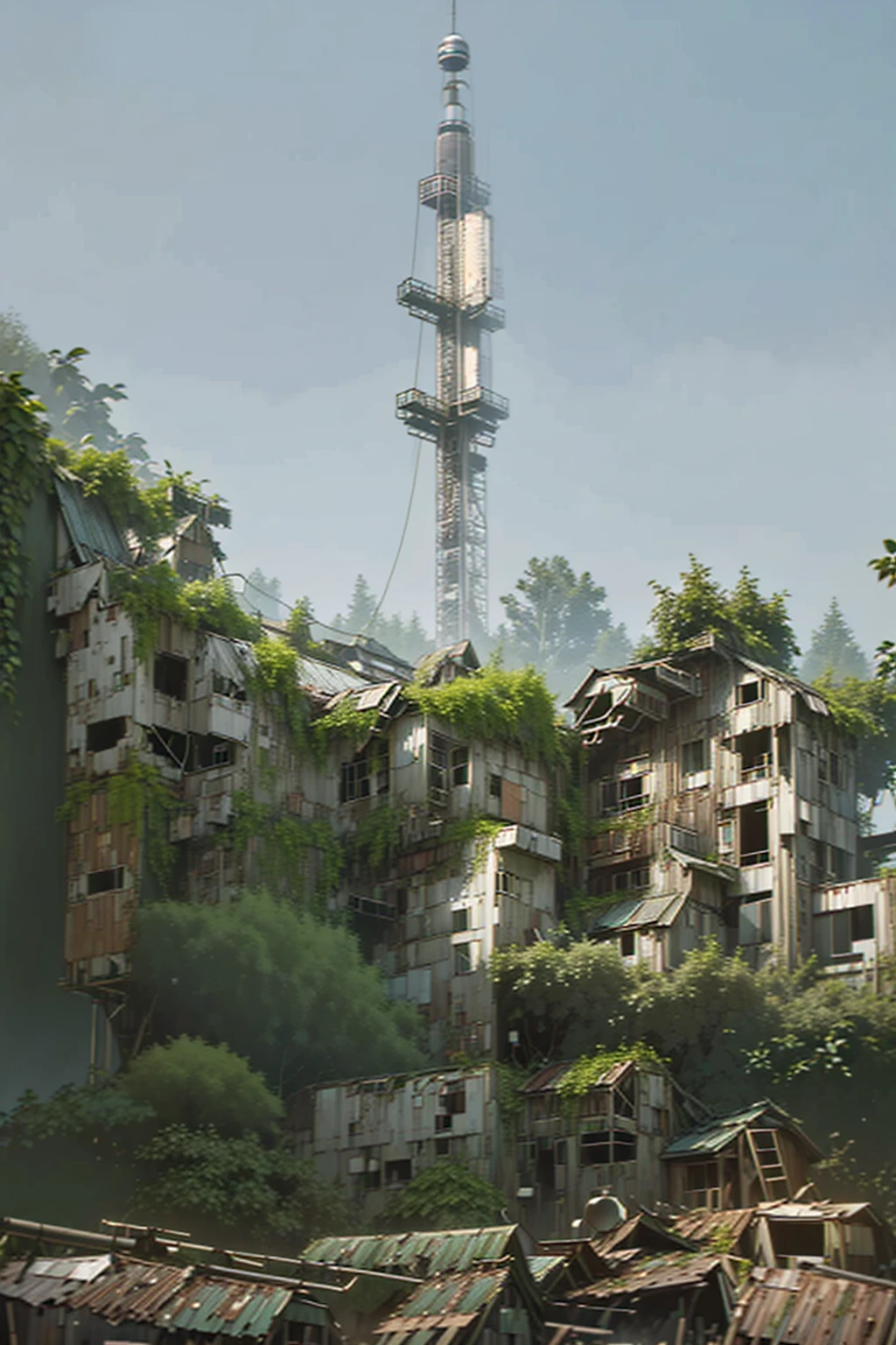 painting, wide angel. a cell site with a cell tower in a small grove in a forest, overgrown, functional, flashing lights, fenced off, post-apocalypse, flat roofed buildings next to tower